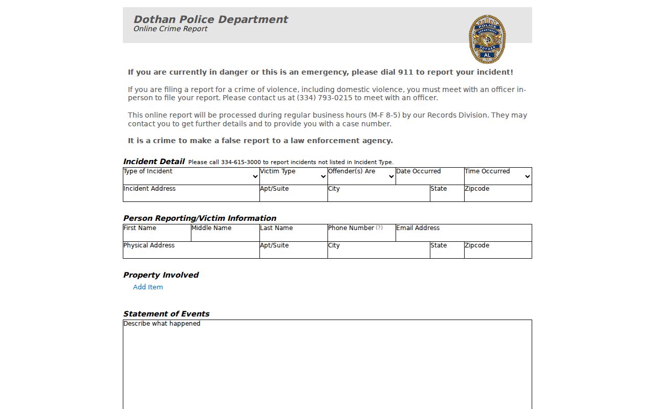 Dothan criminal records online police report form